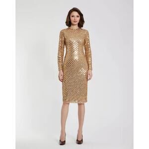 Mac Duggal 94123 Short Beaded Long Sleeve Fitted Midi Dress